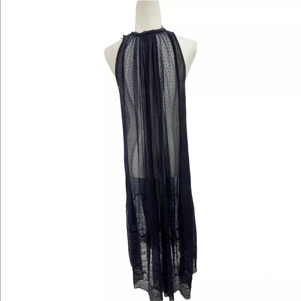 Free People Navy Blue Sheer Swiss Dot Gauze Maxi Dress Boho Oversized A-Line XS - Picture 4 of 12